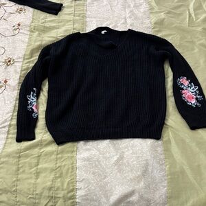 Pinkblush Black V-Neck Sweater with Pink Floral Detail